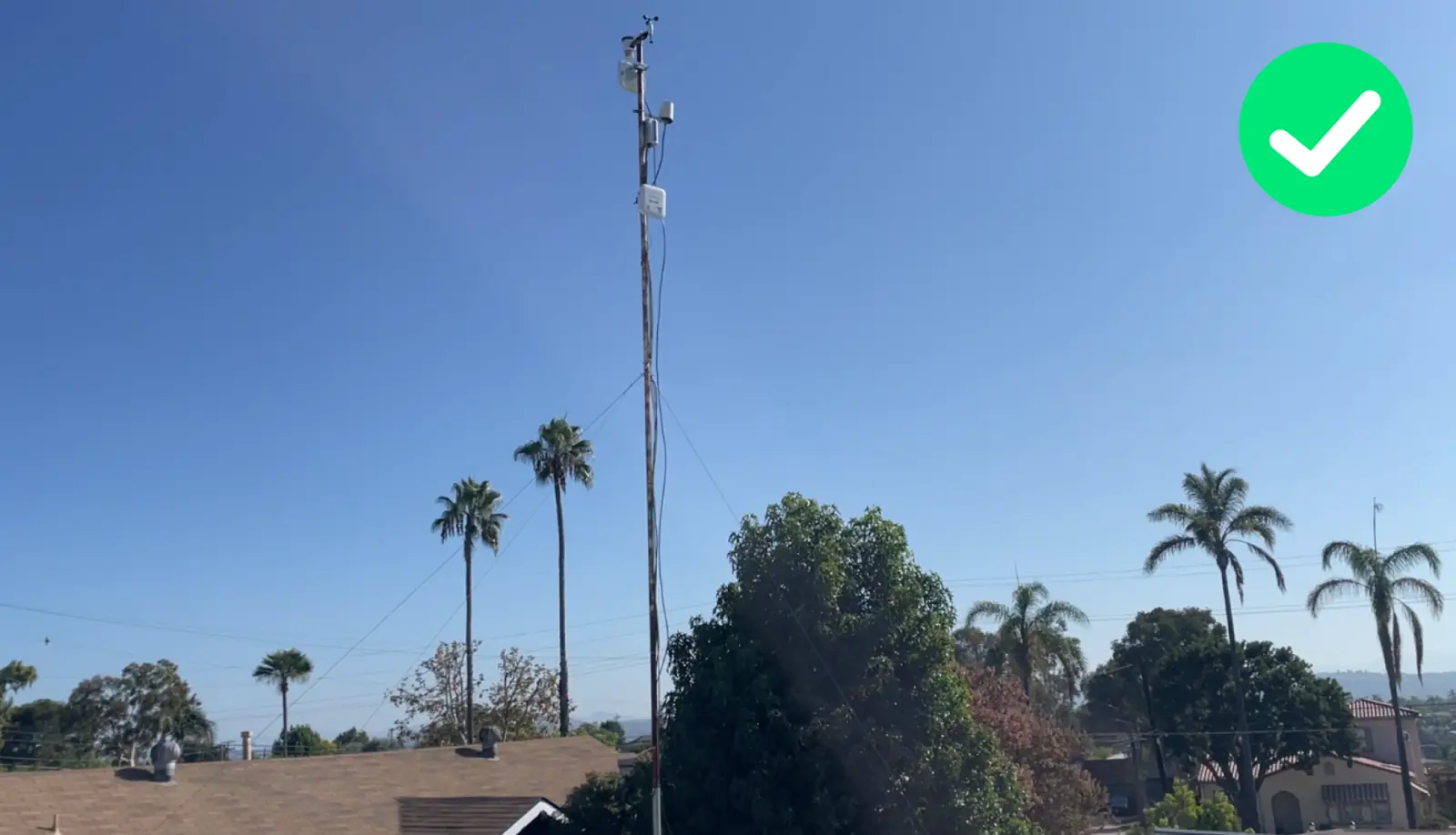 WeatherXM station on a very tall mast above a roof and sparse palm trees